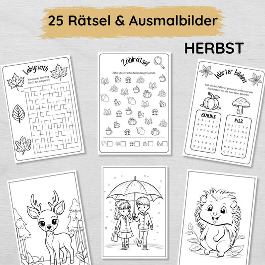 25 Herbst Rätsel und Ausmalbilder für Kinder