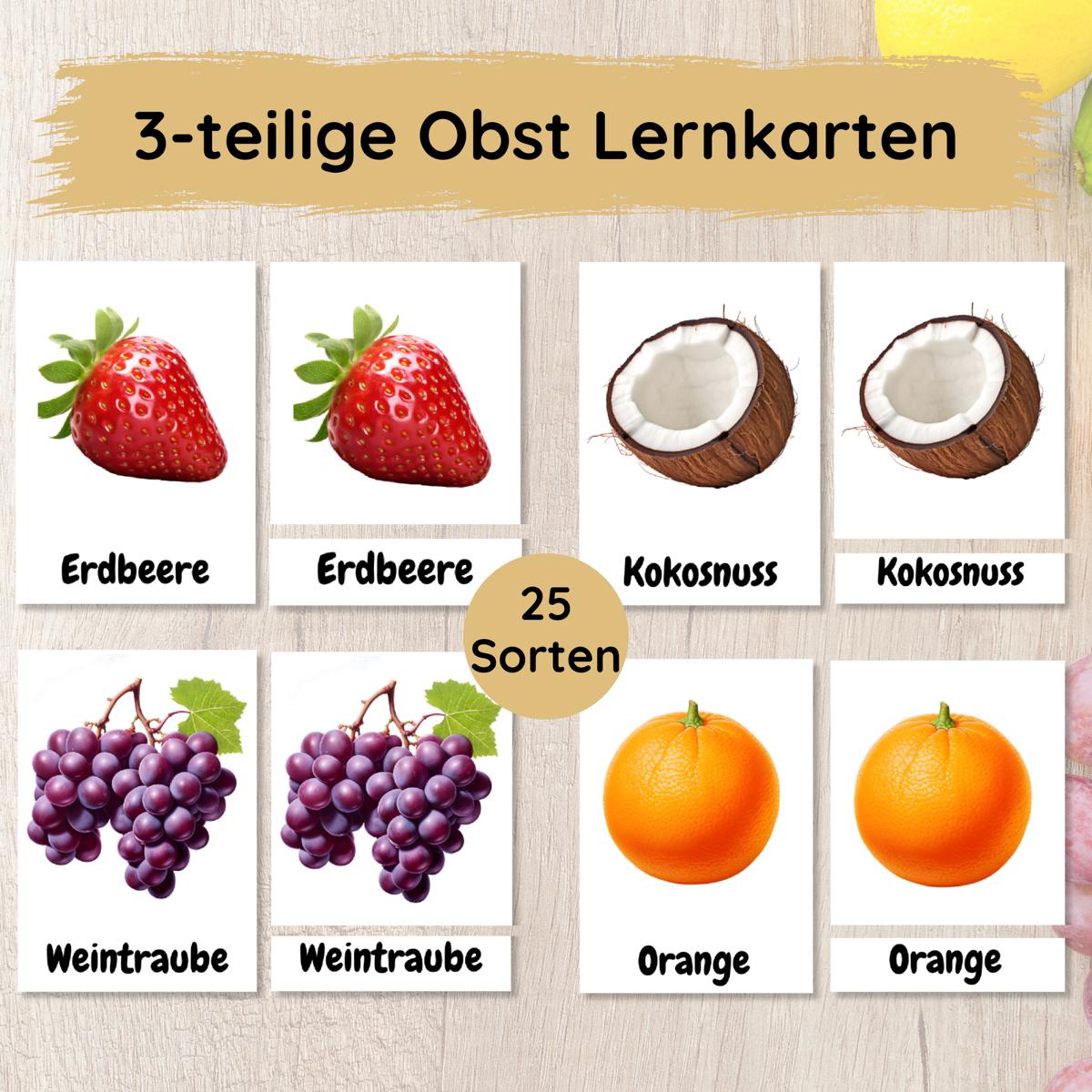 25 dreiteilige Obst Lernkarten für Kinder