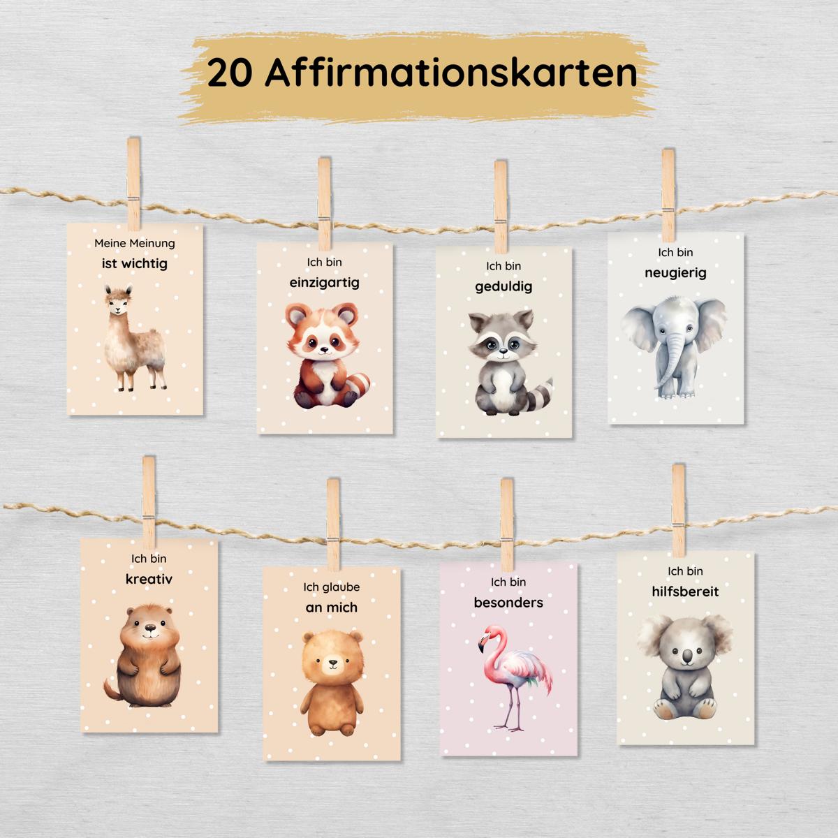 20 bunte Affirmationskarten für Kinder mit niedlichen Tieren