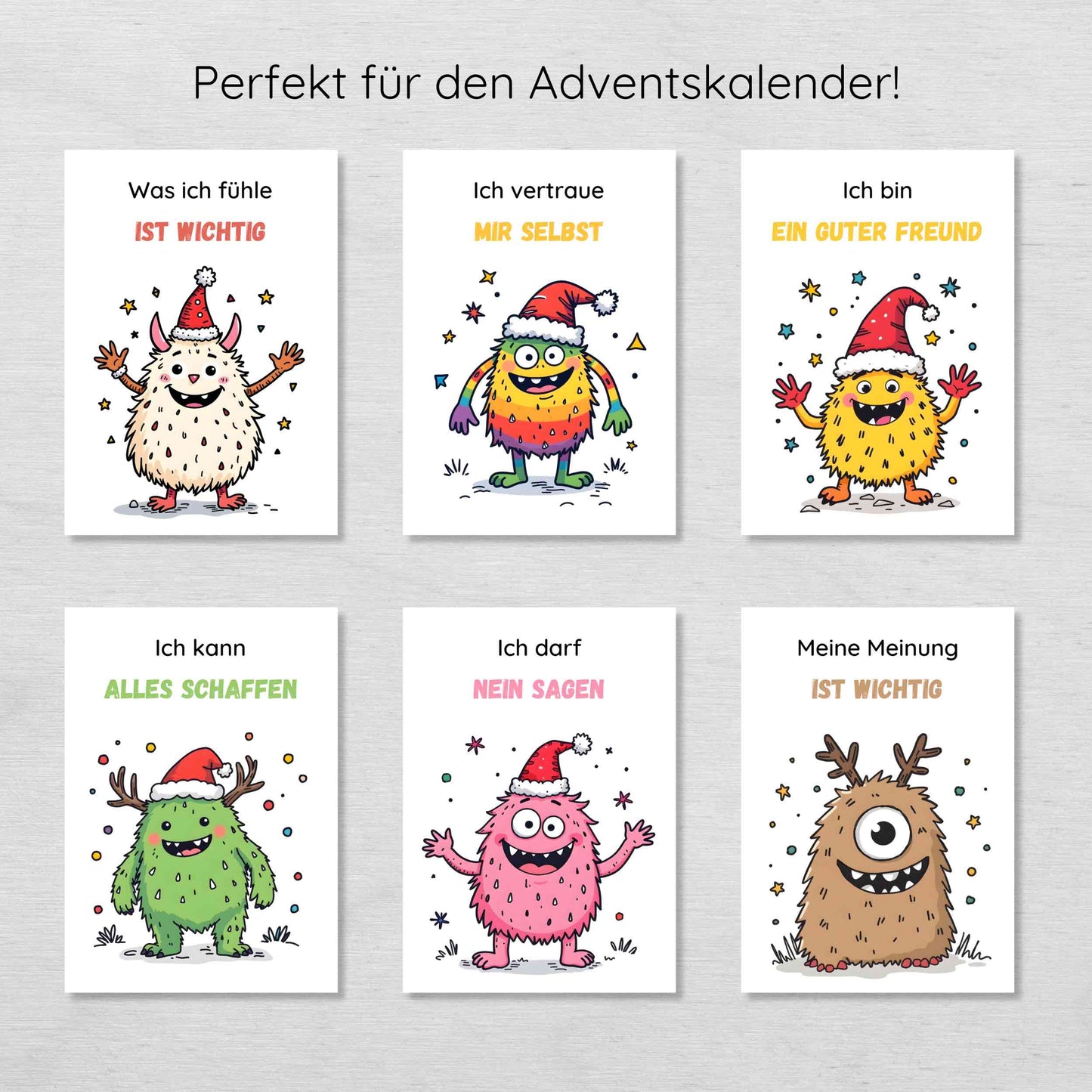 24 weihnachtliche Monster Affirmationskarten für Kinder