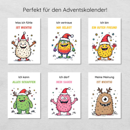 24 weihnachtliche Monster Affirmationskarten für Kinder