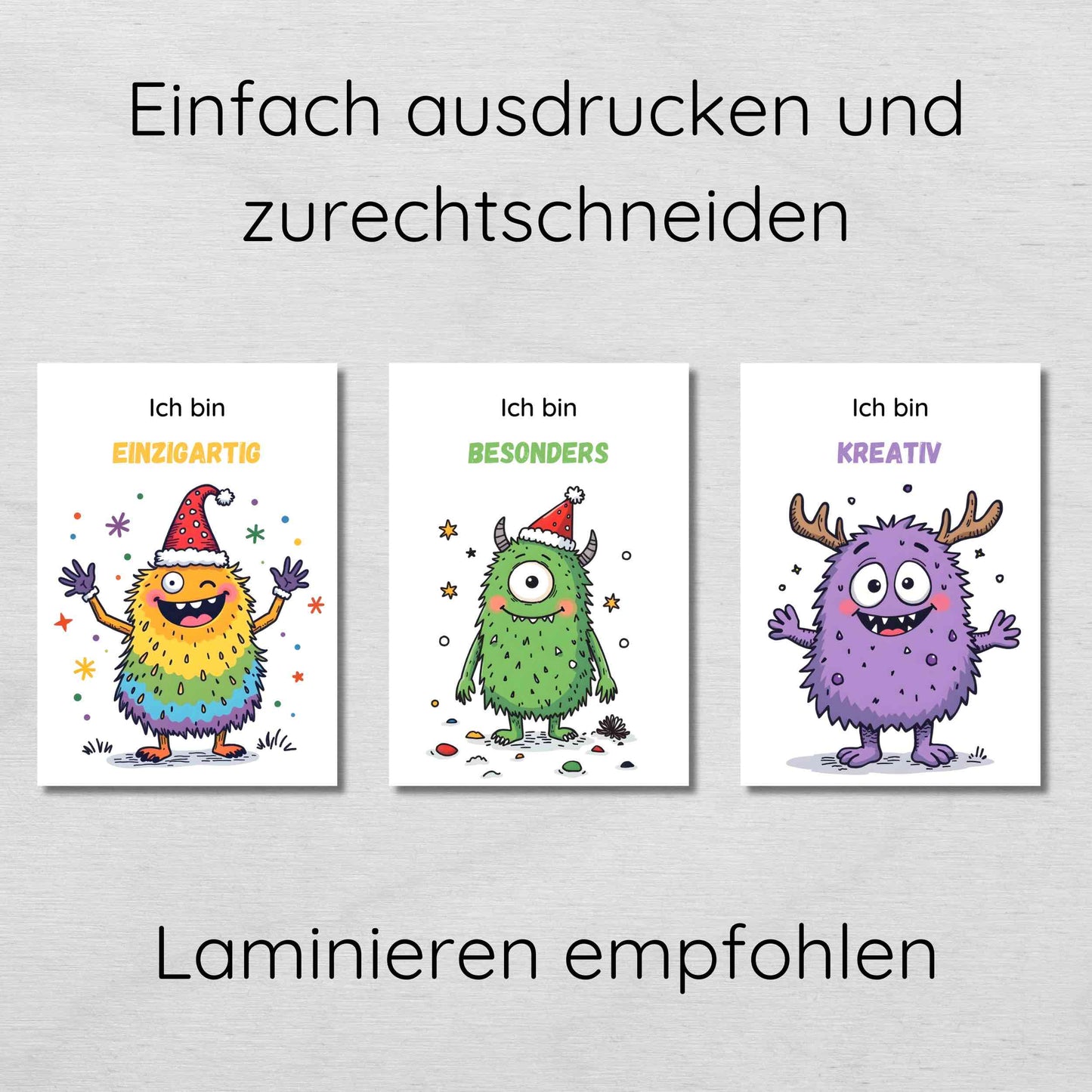 24 weihnachtliche Monster Affirmationskarten für Kinder