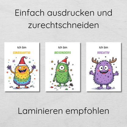 24 weihnachtliche Monster Affirmationskarten für Kinder