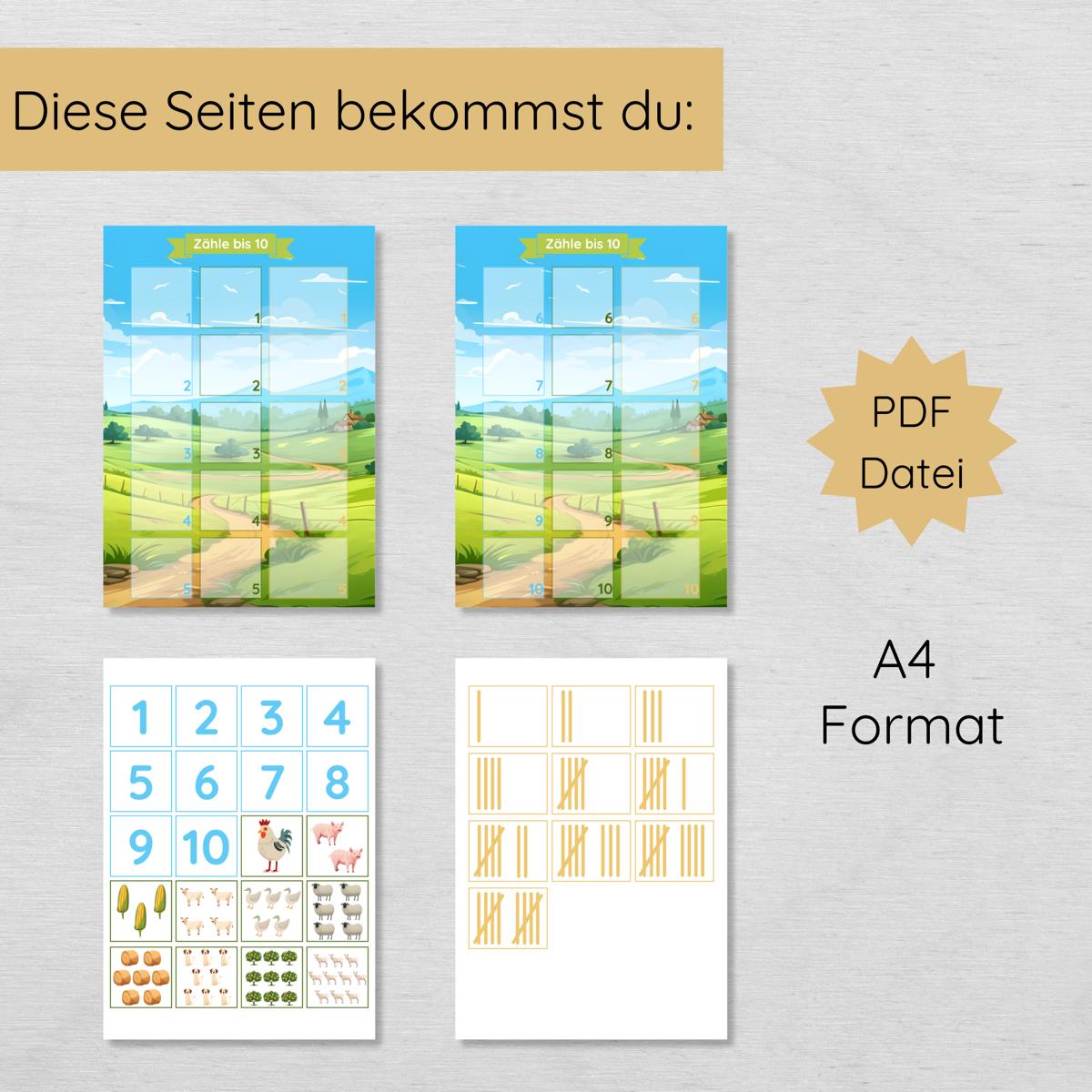 Bauernhof Zählübung Zahlen 1 bis 10 für Kinder, hochkant