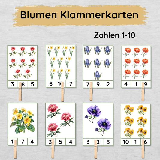 Blumen Klammerkarten Zahlen 1-10 für Kinder