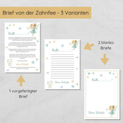 Brief von der Zahnfee Set inkl. Urkunde und Milchzahnkalender, blau