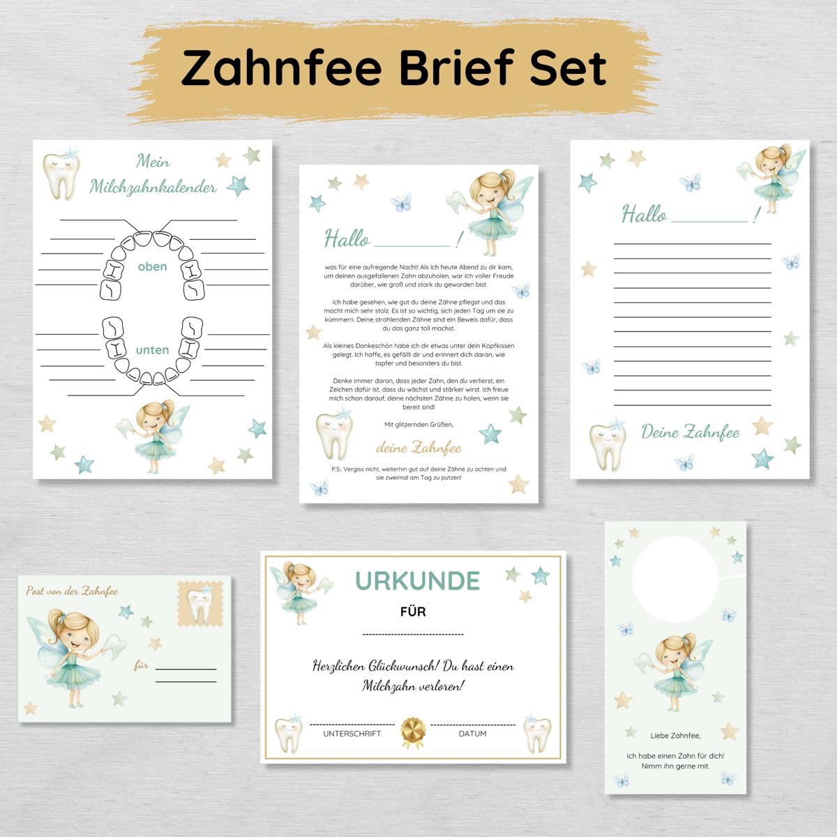 Brief von der Zahnfee Set inkl. Urkunde und Milchzahnkalender, blau