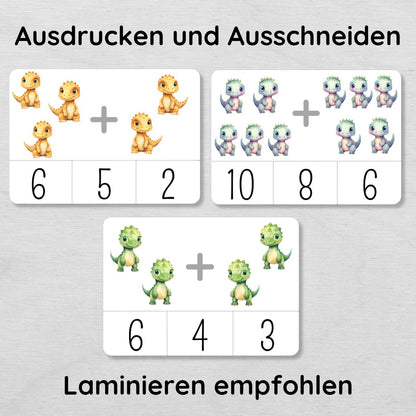 Dino Klammerkarten Addieren üben bis 10 für Kinder