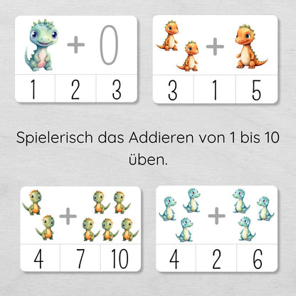 Dino Klammerkarten Addieren üben bis 10 für Kinder