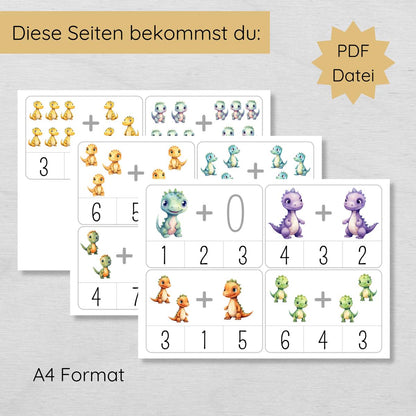Dino Klammerkarten Addieren üben bis 10 für Kinder