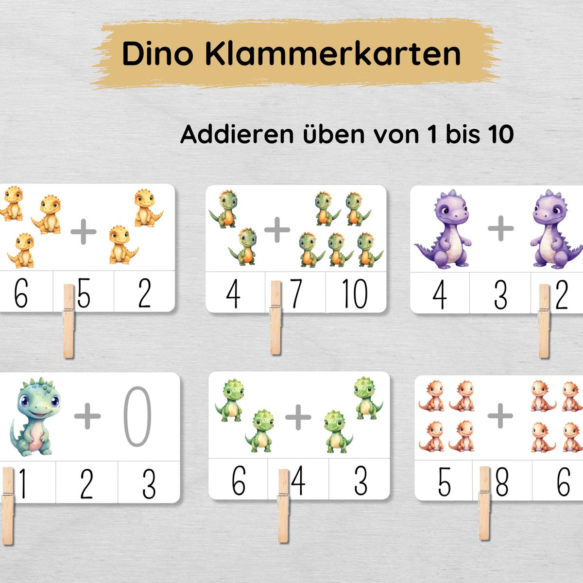 Dino Klammerkarten Addieren üben bis 10 für Kinder