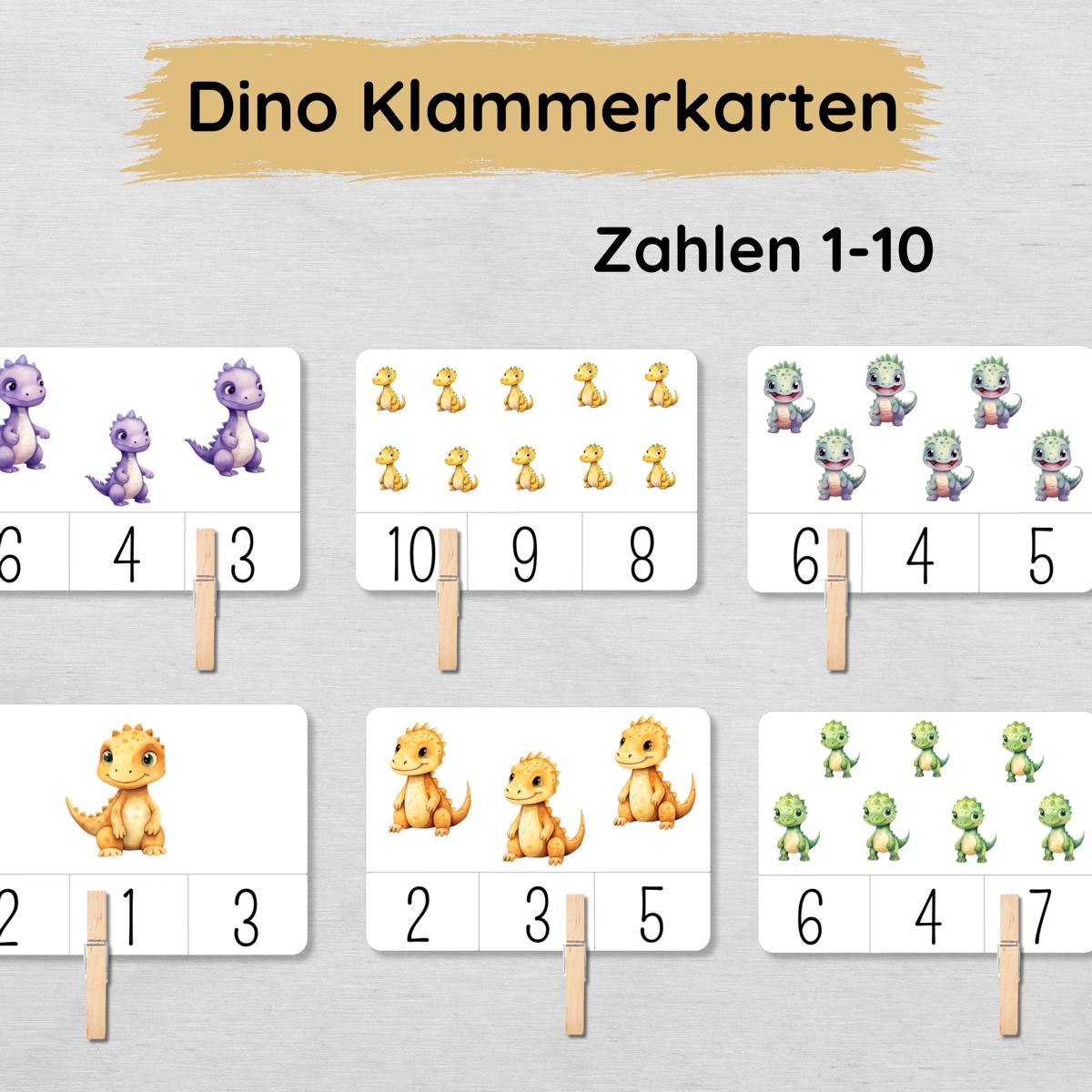 Dino Klammerkarten für Kinder mit den Zahlen 1 bis 10