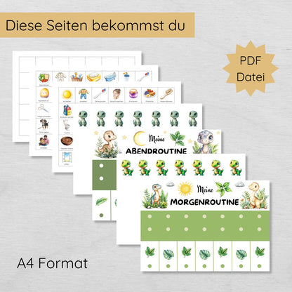 Dino Morgenroutine & Abendroutine Plan für Kinder, PDF Routineplan