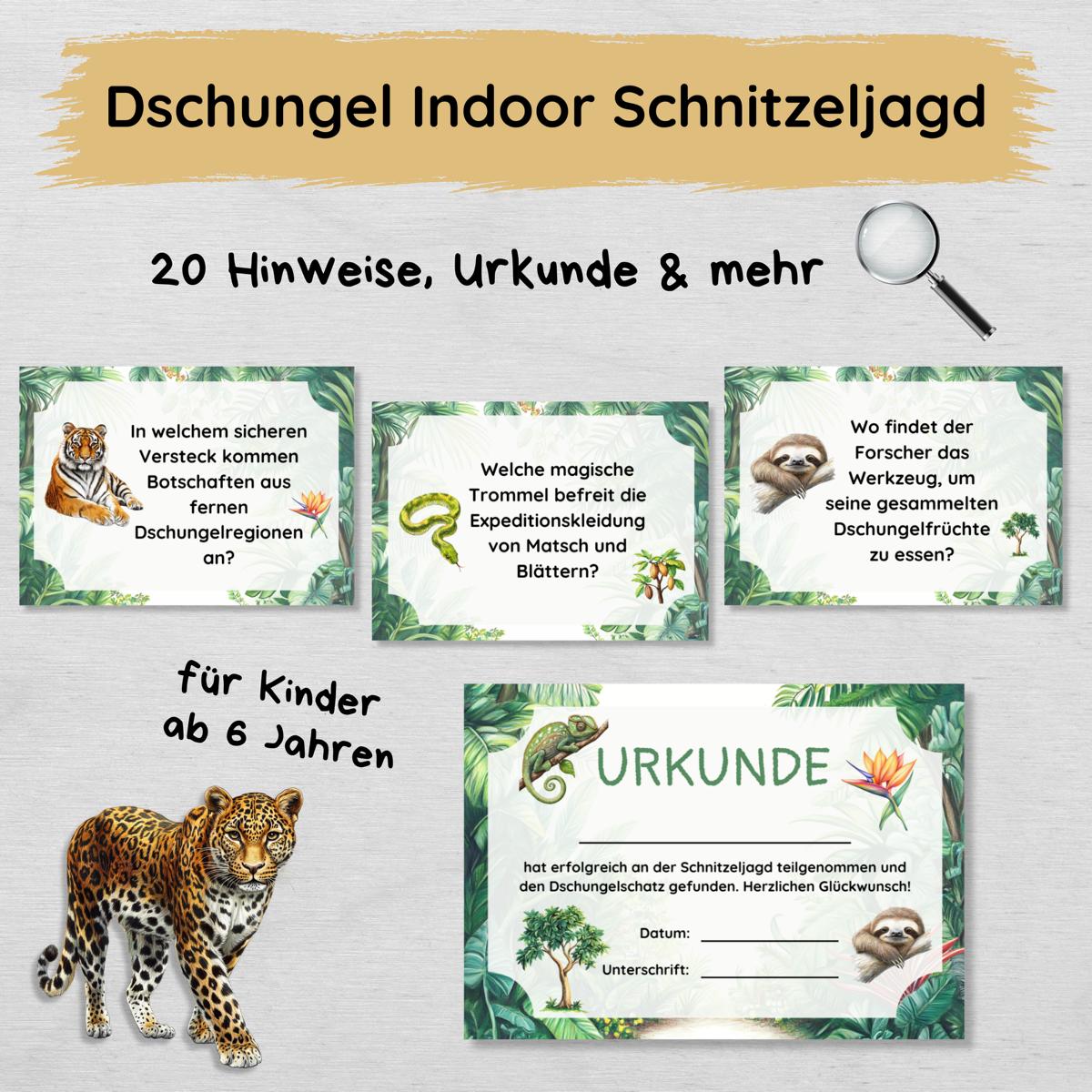 Dschungel Indoor Schnitzeljagd - 20 einfache Hinweise, Urkunde & mehr