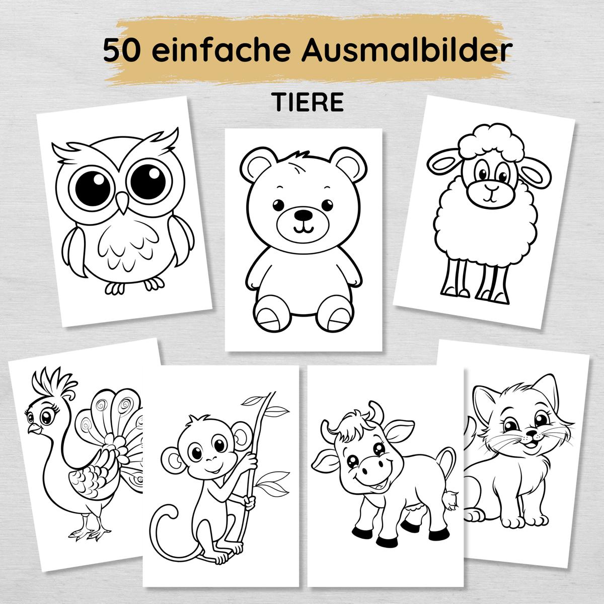 50 einfache Tiere Ausmalbilder für Kinder ab 2