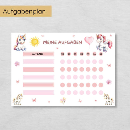 Einhorn Aufgabenplan und Belohnungsplan für Kinder