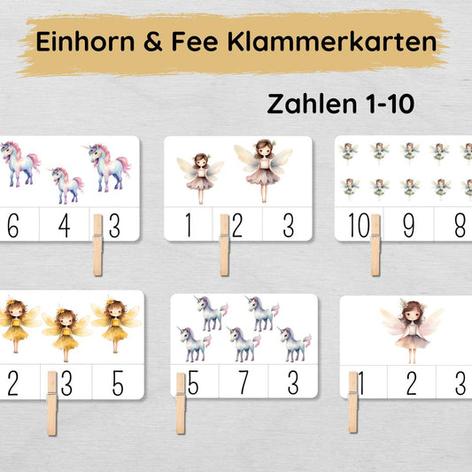 Einhorn & Fee Klammerkarten Zahlen 1 bis 10 für Kinder