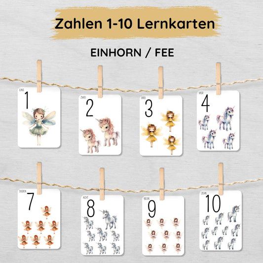 Einhorn & Fee Zahlen 1 bis 10 Lernkarten für Kinder