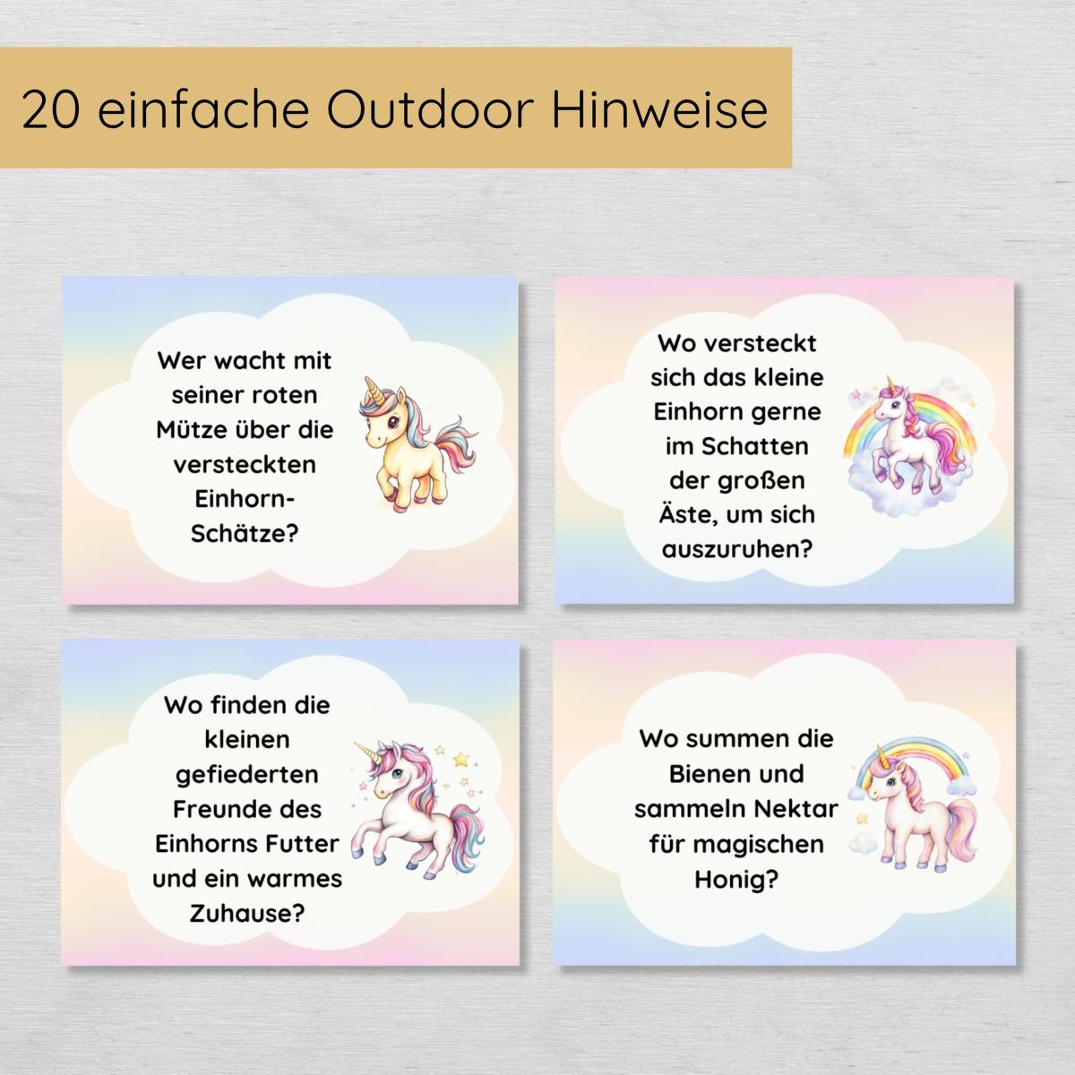 Einhorn Outdoor Schnitzeljagd - 20 einfache Hinweise, Urkunde & mehr