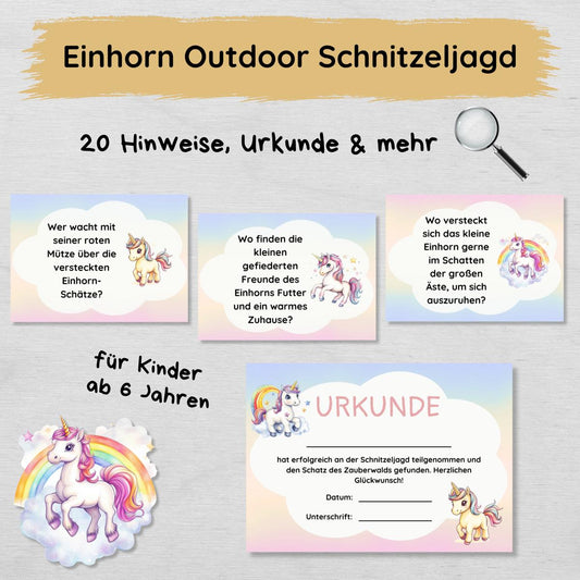 Einhorn Outdoor Schnitzeljagd - 20 einfache Hinweise, Urkunde & mehr