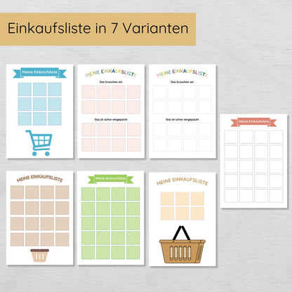 Einkaufsplaner für Kinder mit 7 Einkaufslisten und 100+ Lebensmittel Karten
