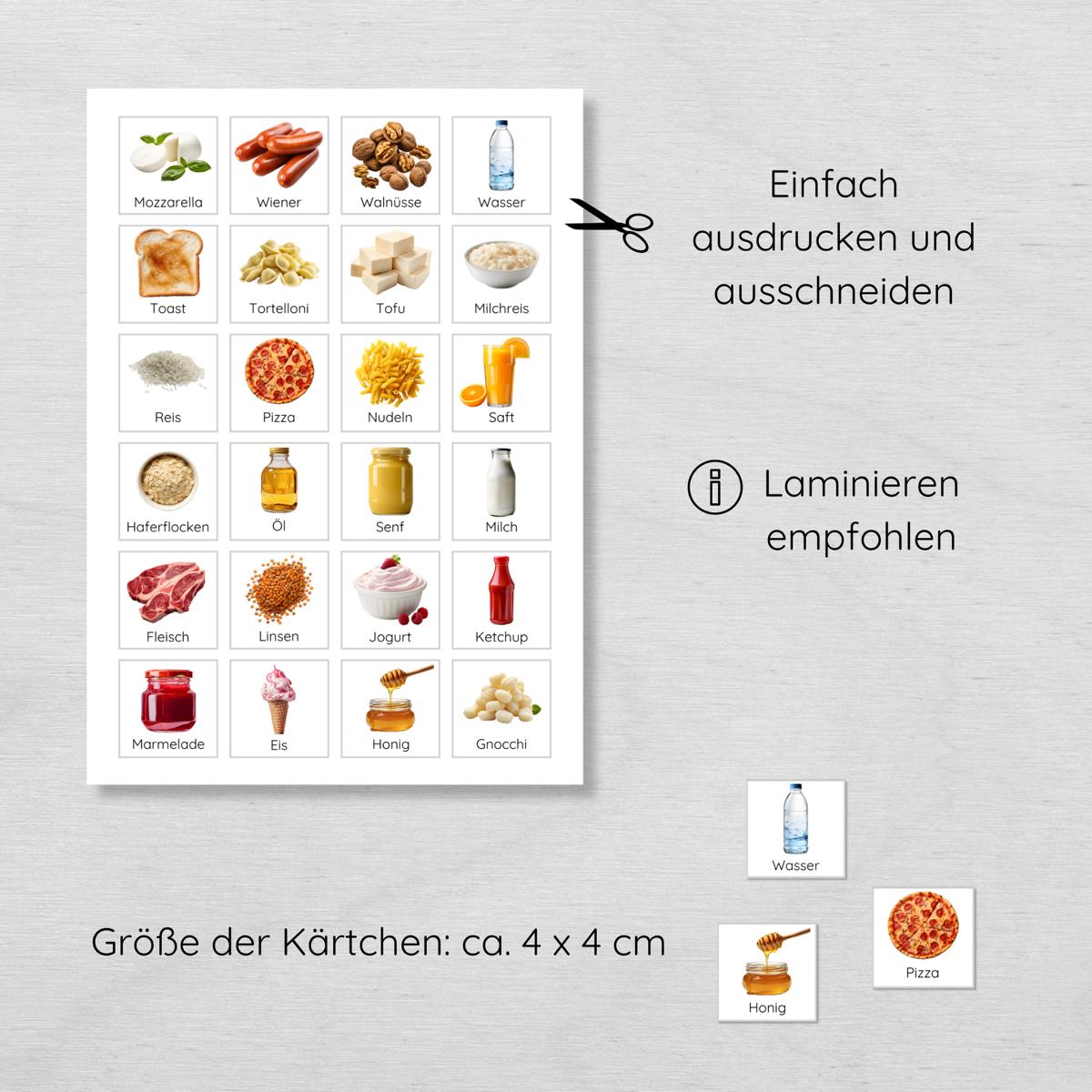 Einkaufsplaner für Kinder mit 7 Einkaufslisten und 100+ Lebensmittel Karten