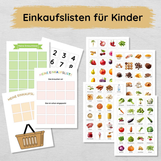 Einkaufsplaner für Kinder mit 7 Einkaufslisten und 100+ Lebensmittel Karten