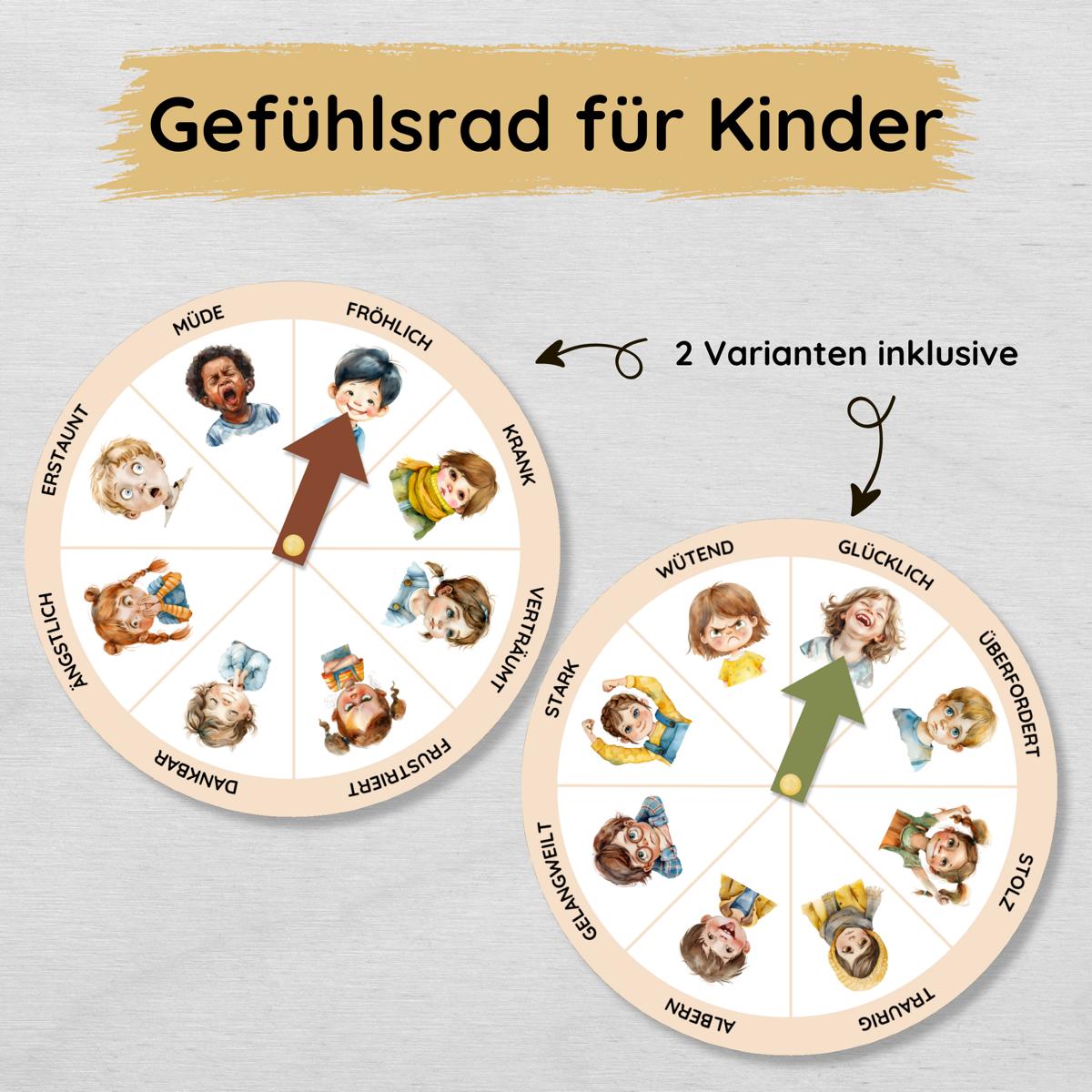 Gefühlsrad für Kinder mit menschlichen Gesichtern in 2 Varianten