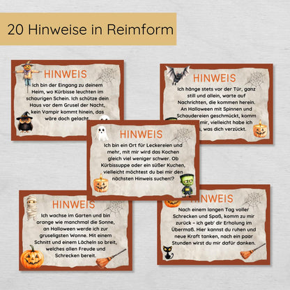 Halloween Indoor Schnitzeljagd mit 20 Hinweisen, Urkunde, 2 Spielen & 3 Ausmalbildern