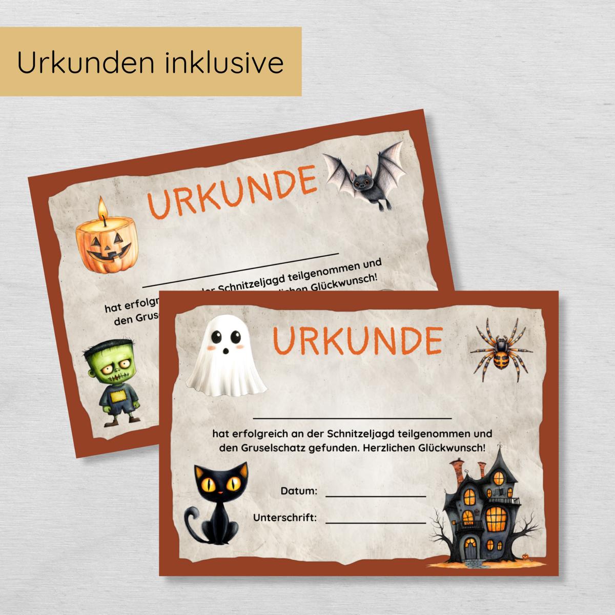 Halloween Indoor Schnitzeljagd mit 20 Hinweisen, Urkunde, 2 Spielen & 3 Ausmalbildern