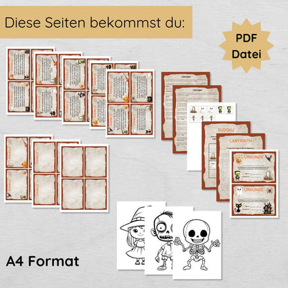 Halloween Indoor Schnitzeljagd mit 20 Hinweisen, Urkunde, 2 Spielen & 3 Ausmalbildern