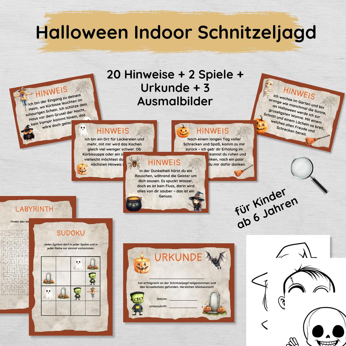 Halloween Indoor Schnitzeljagd mit 20 Hinweisen, Urkunde, 2 Spielen & 3 Ausmalbildern