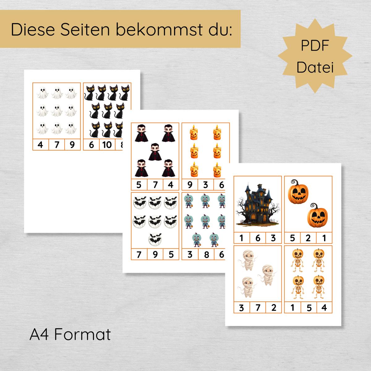 Halloween Klammerkarten für Kinder Zahlen 1 bis 10