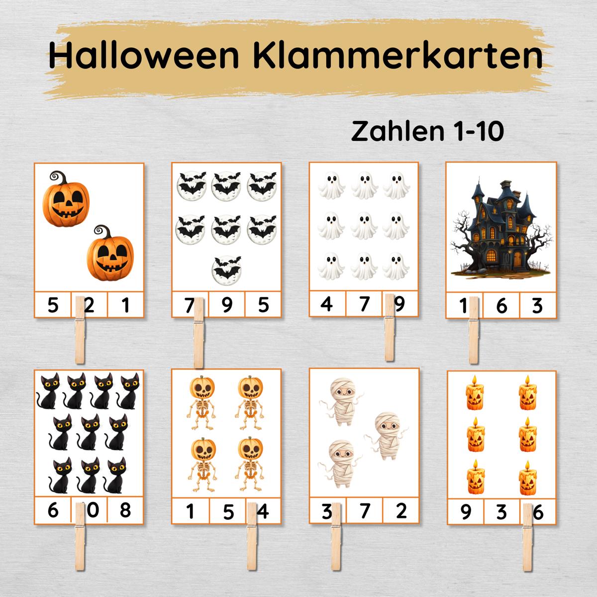 Halloween Klammerkarten für Kinder Zahlen 1 bis 10