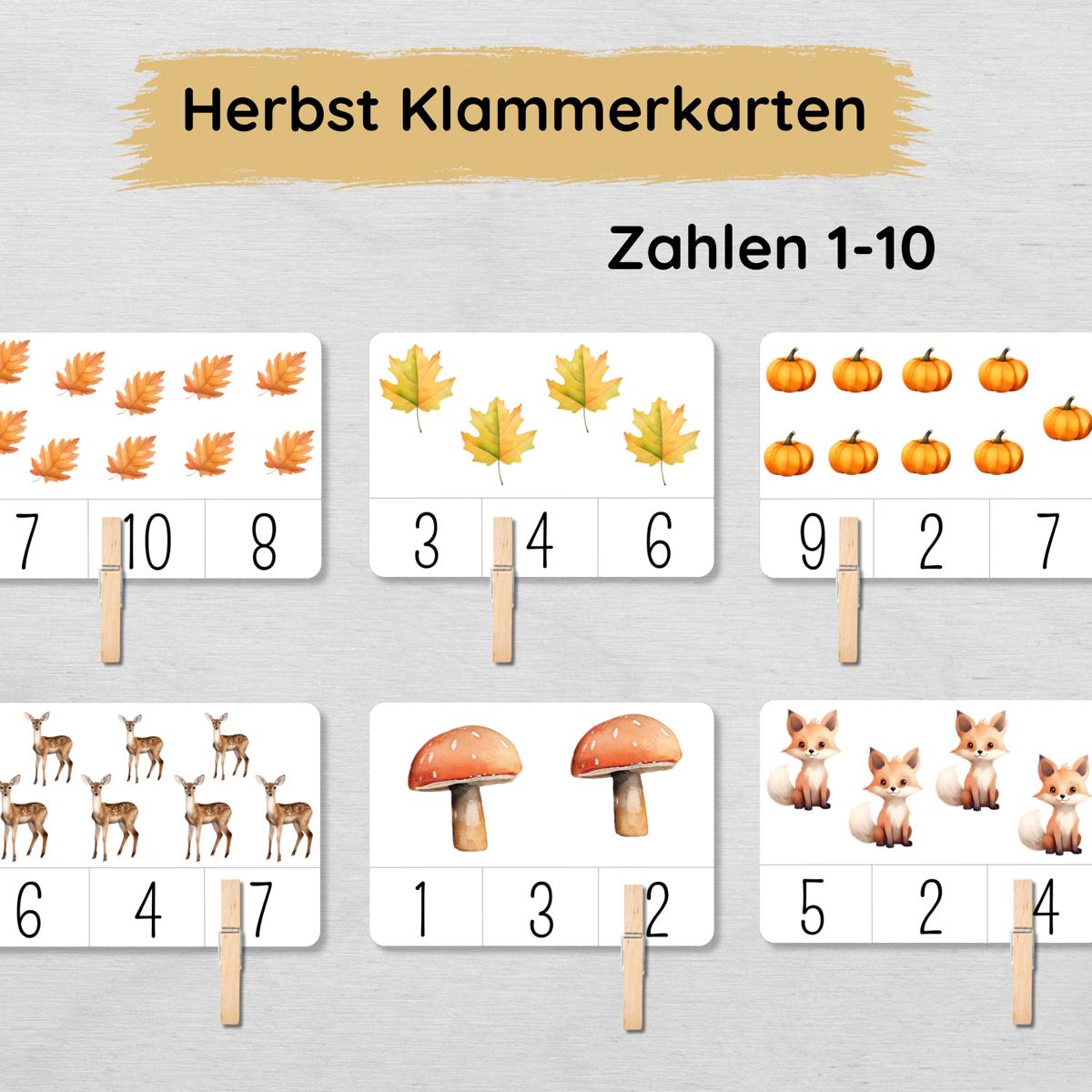 Herbst Klammerkarten Zahlen 1-10 für Kinder