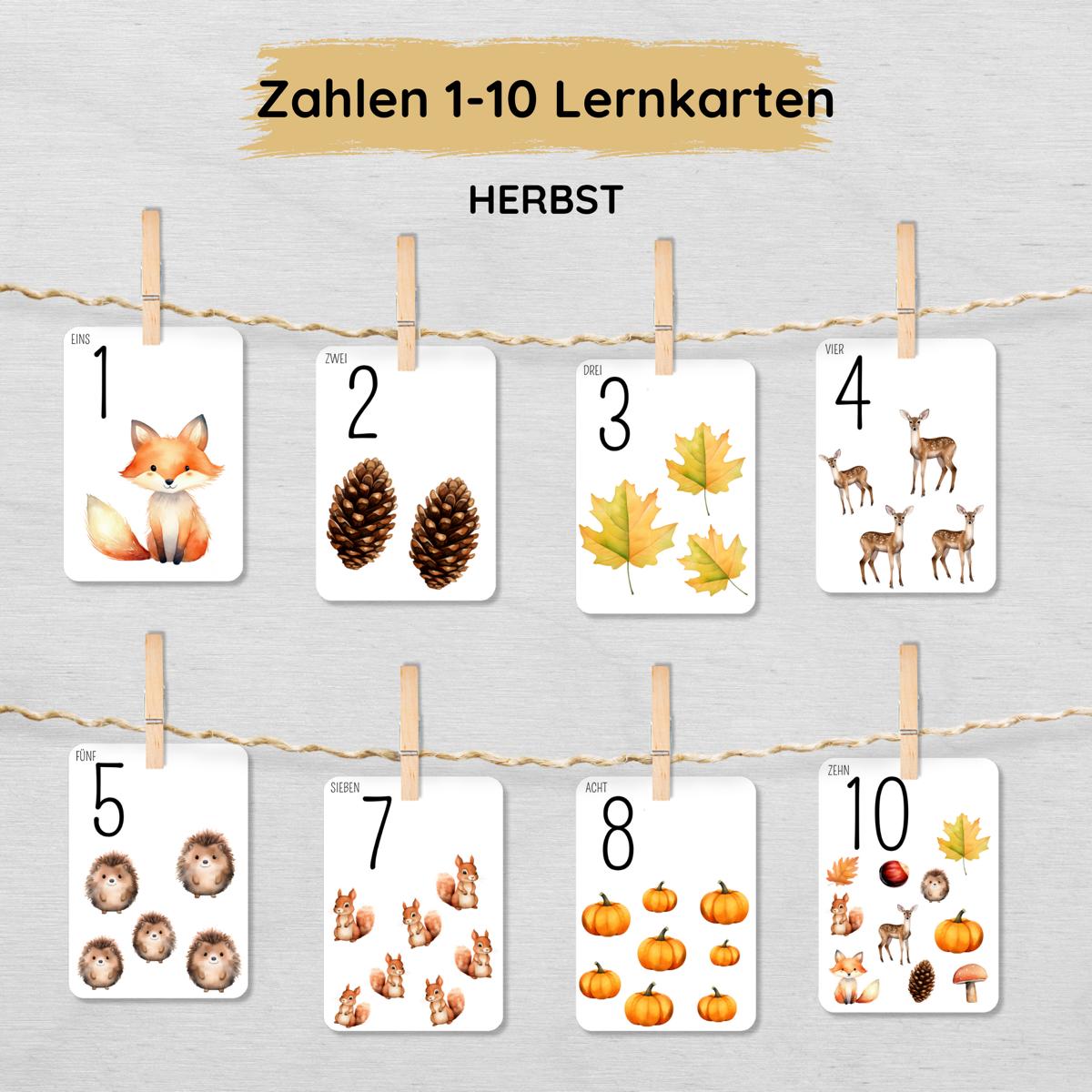 Herbst Zahlen 1 bis 10 Lernkarten für Kinder