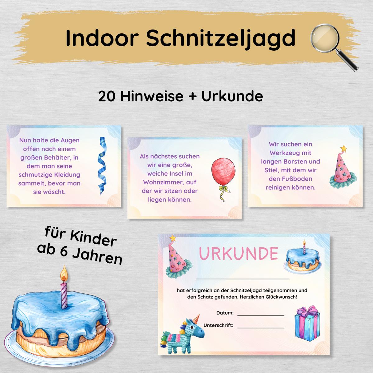 Indoor Schnitzeljagd Kindergeburtstag - 20 einfache Hinweise & Urkunde