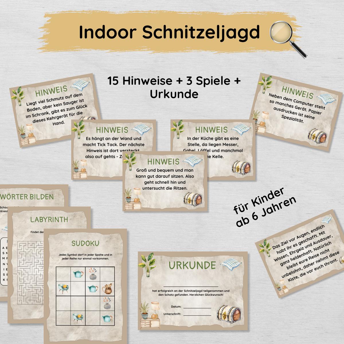 Indoor Schnitzeljagd mit 15 Hinweisen, Urkunde & 3 Spielen