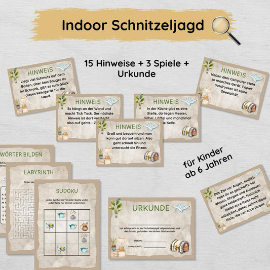 Indoor Schnitzeljagd mit 15 Hinweisen, Urkunde & 3 Spielen