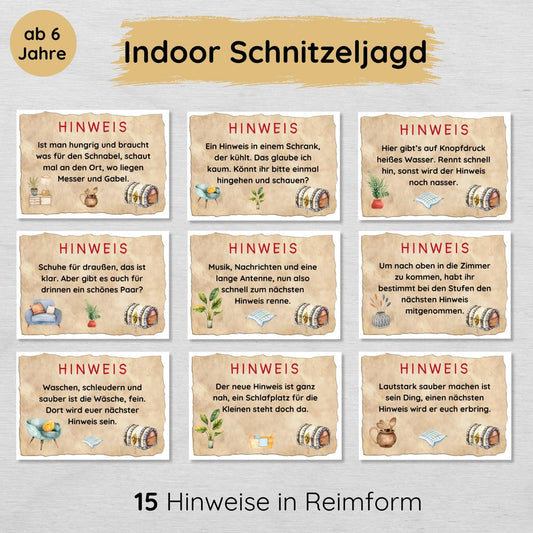 Indoor Schnitzeljagd mit 15 Hinweisen in Reimform