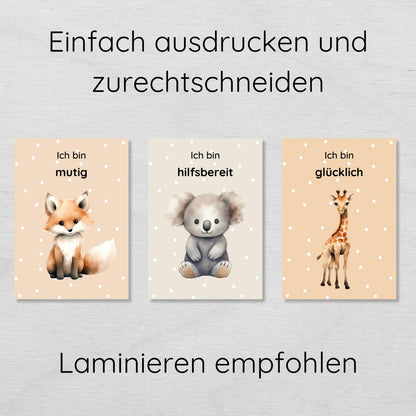 20 bunte Affirmationskarten für Kinder mit niedlichen Tieren