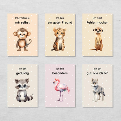 20 bunte Affirmationskarten für Kinder mit niedlichen Tieren