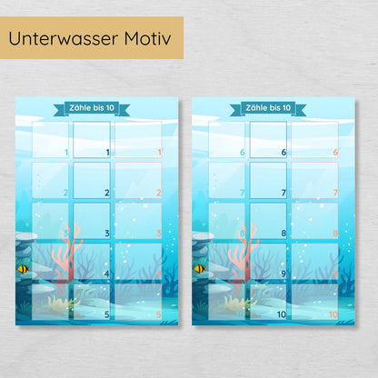 Unterwasser Zählübung Zahlen 1 bis 10 für Kinder, hochkant