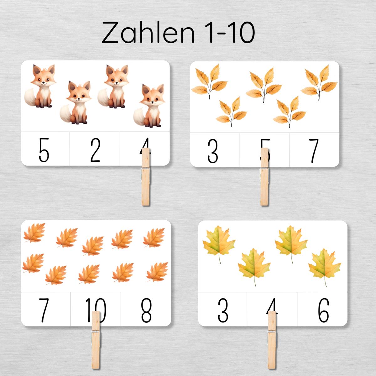 Herbst Klammerkarten Zahlen 1-10 für Kinder