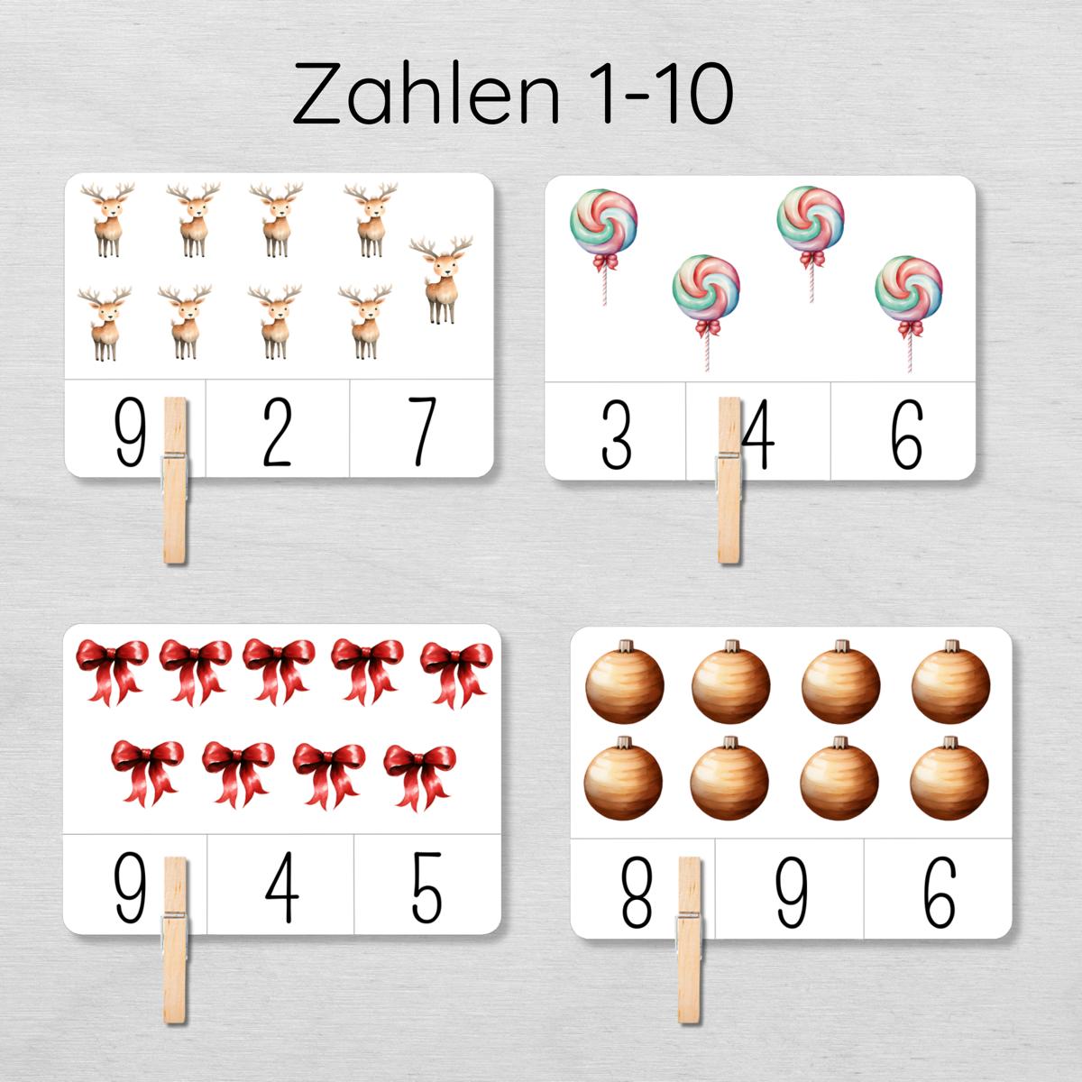 Weihnachten Klammerkarten Zahlen 1-10 für Kinder