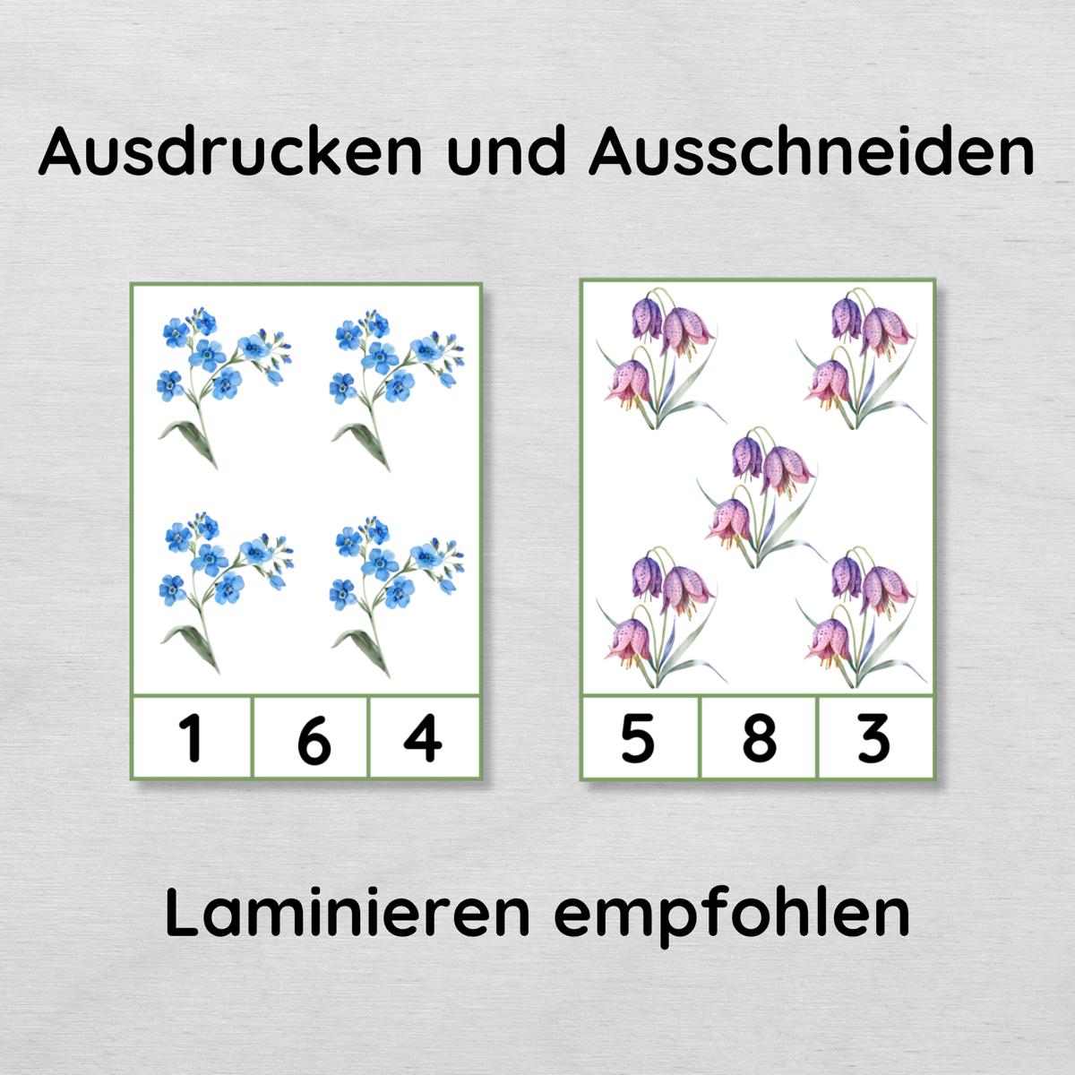 Blumen Klammerkarten Zahlen 1-10 für Kinder