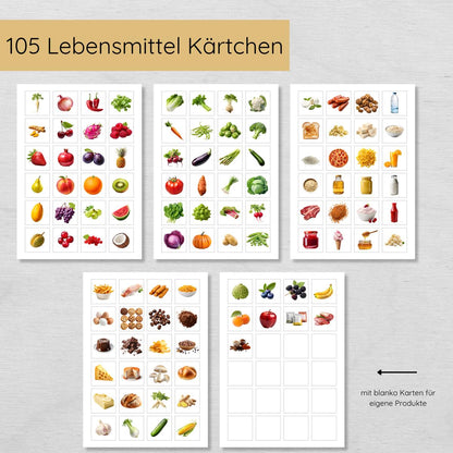Einkaufsplaner für Kinder mit 7 Einkaufslisten und 100+ Lebensmittel Karten