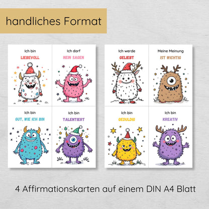 24 weihnachtliche Monster Affirmationskarten für Kinder