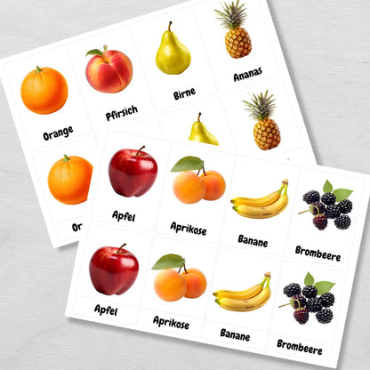 25 dreiteilige Obst Lernkarten für Kinder