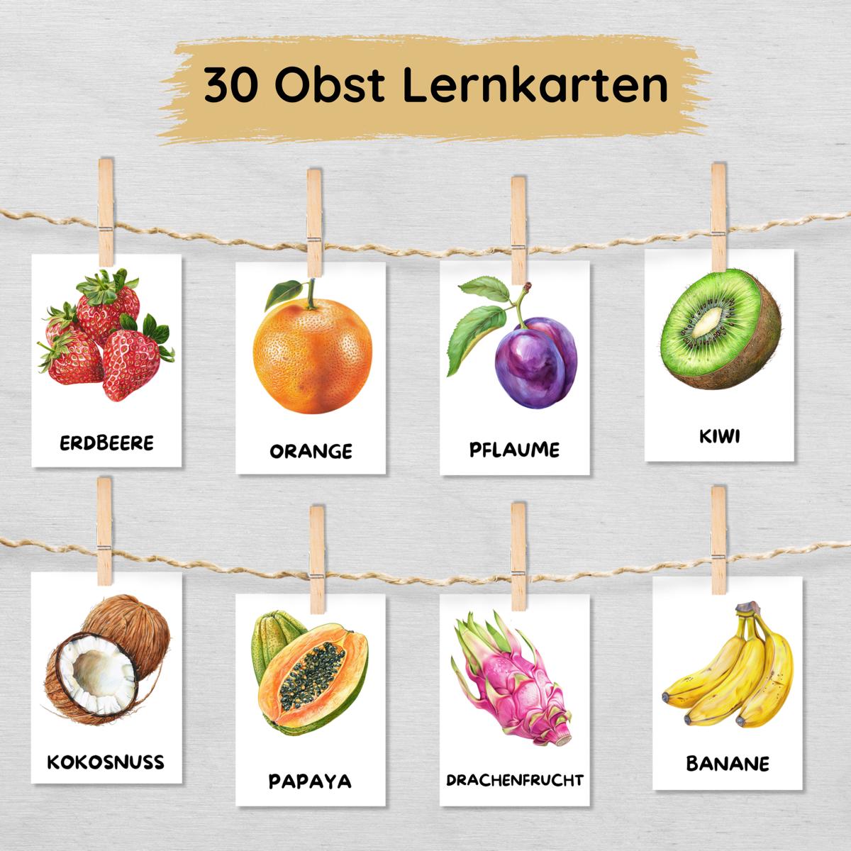 30 Obst Lernkarten für Kinder, Früchte Bildkarten
